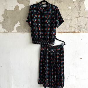 Vtg 90s Matching Set Alfred Dunner Geometric Blouse + Midi Skirt Womens 16 Art